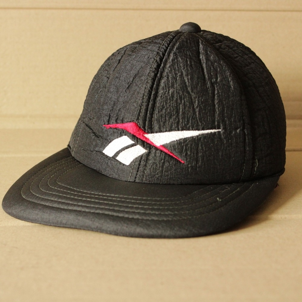 Vintage Reebok Cap Men One Size Black Crinkle Nylon Strapback Big Logo Hat